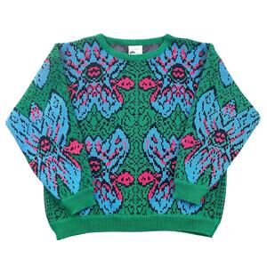 Vintage 80s Extra Touch Abstract Floral Sweater Green Blue Pink Acrylic Knit - L